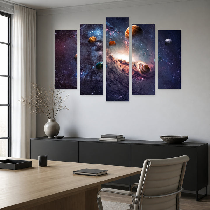 Solar System 2 in Serene Light — five-panel wall art in frontal interior | 5wallart 56702 M3