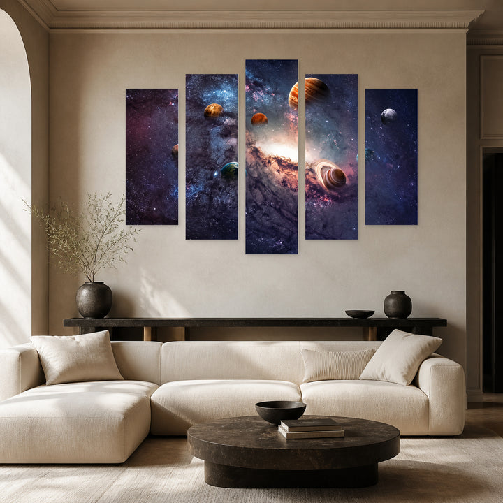 Solar System 2 in Serene Light — five-panel wall art in alternate frontal interior | 5wallart 56702 M4