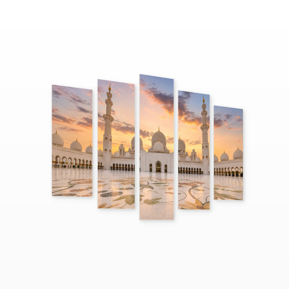 Sheikh Zayed Grand Mosque at Sunset, United Arab — five-panel wall art on white background in perspective | 5wallart 56705 M1
