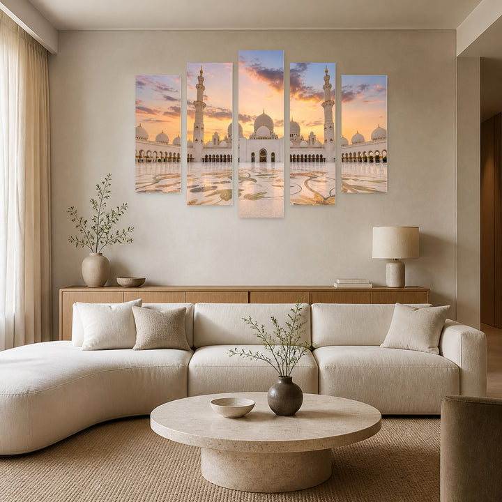 Sheikh Zayed Grand Mosque at Sunset, United Arab — five-panel wall art in frontal interior | 5wallart 56705 M3