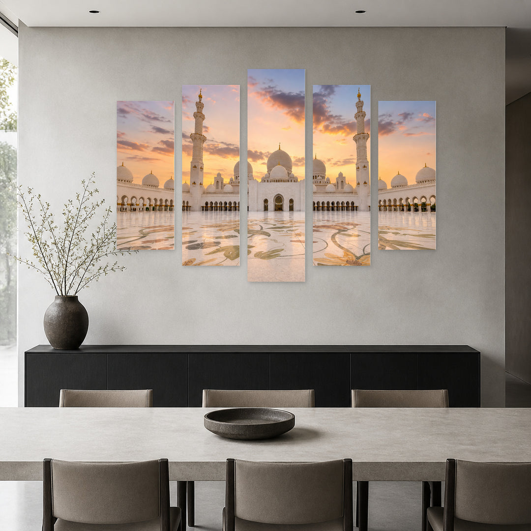 Sheikh Zayed Grand Mosque at Sunset, United Arab — five-panel wall art in alternate frontal interior | 5wallart 56705 M4