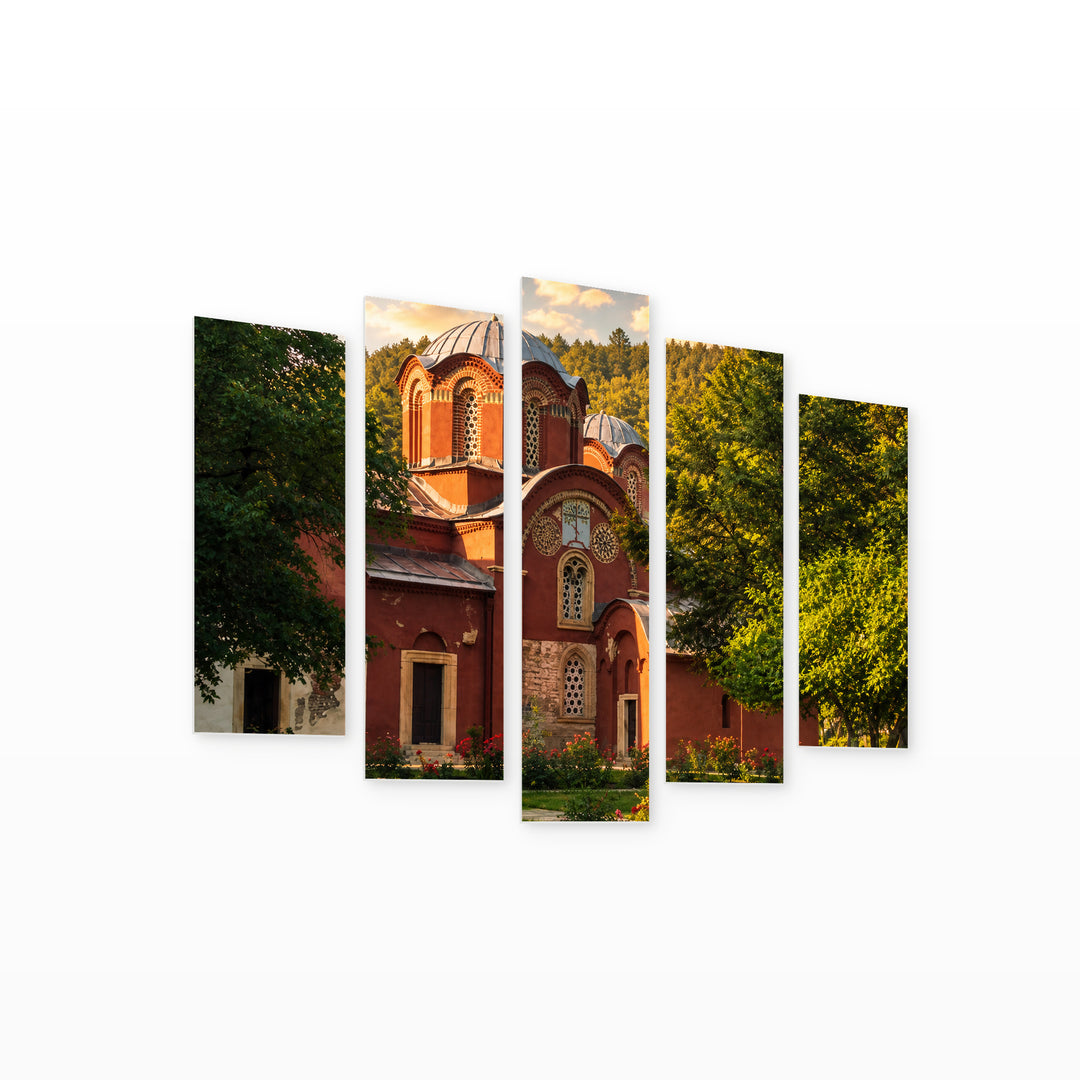 Patriarchate of the Peć Monastery at Golden Sunset — five-panel wall art on white background in perspective | 5wallart 56706 M1