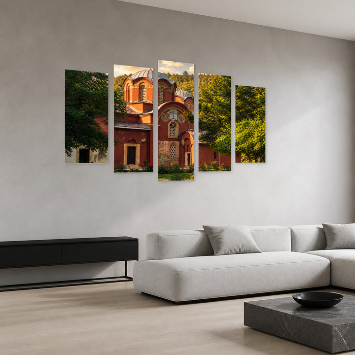Patriarchate of the Peć Monastery at Golden Sunset — five-panel wall art in perspective interior | 5wallart 56706 M2