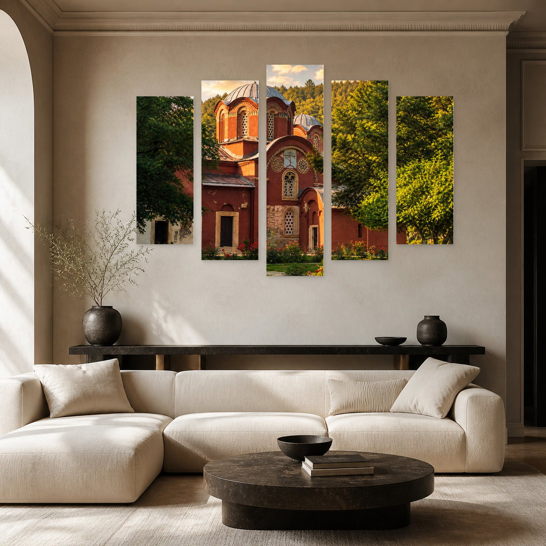 Patriarchate of the Peć Monastery at Golden Sunset — five-panel wall art in alternate frontal interior | 5wallart 56706 M4