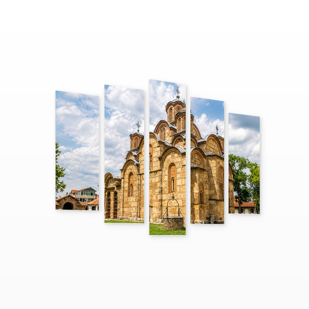 Gračanica Monastery in Serene Light — five-panel wall art on white background in perspective | 5wallart 56708 M1