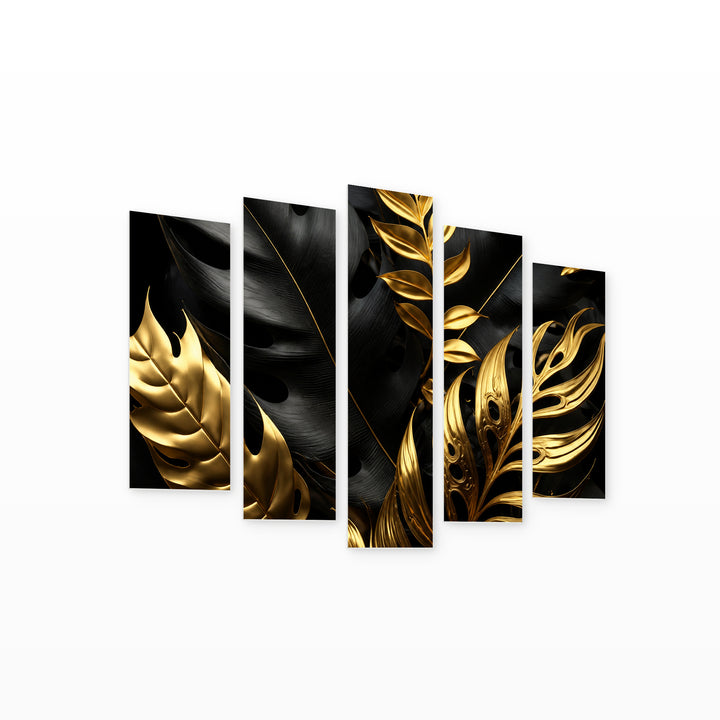 Tropical Leaves in Black and Gold Botanical Study — five-panel wall art on white background in perspective | 5wallart 56709 M1