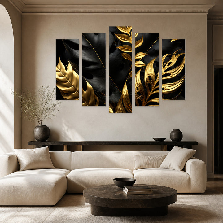 Tropical Leaves in Black and Gold Botanical Study — five-panel wall art in frontal interior | 5wallart 56709 M3