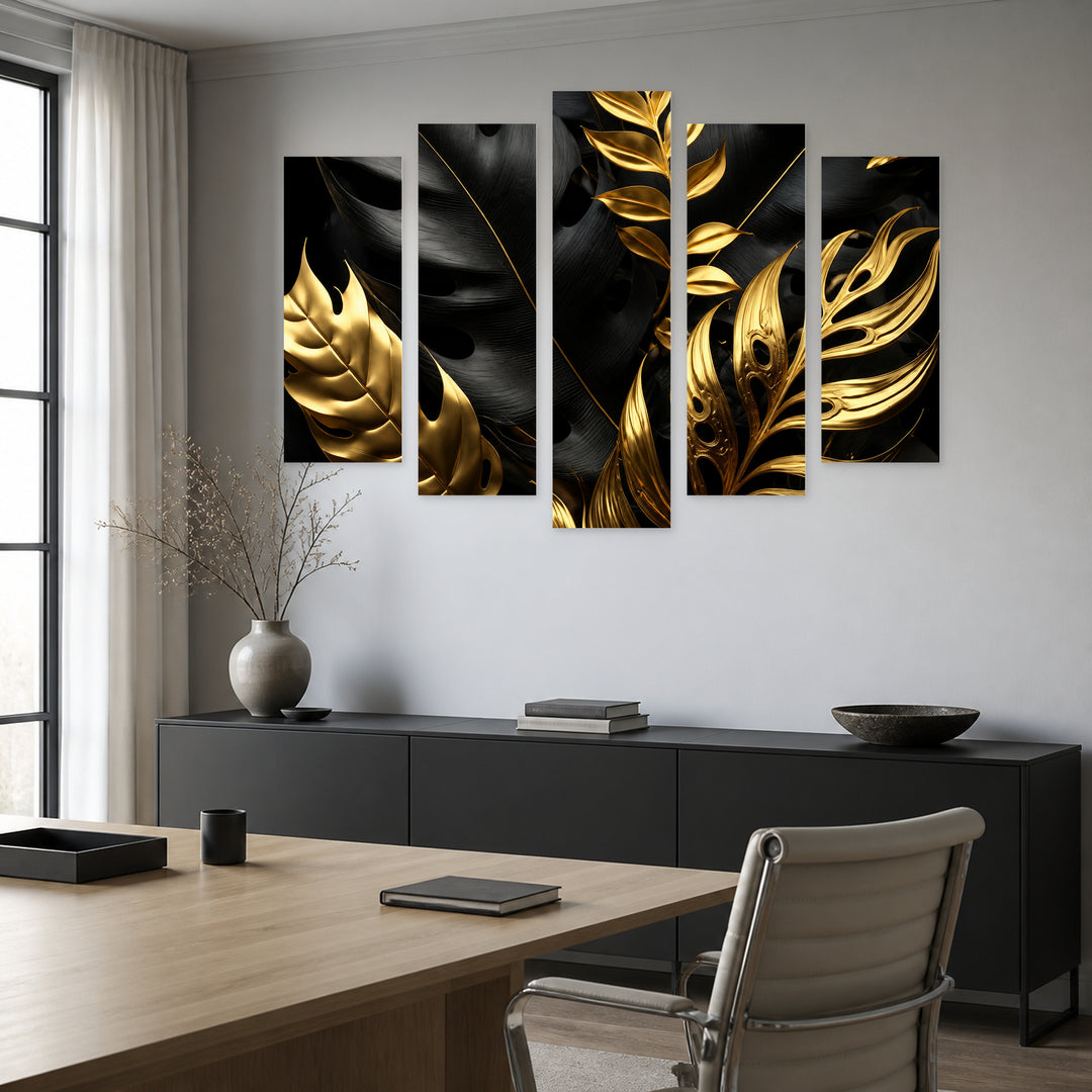 Tropical Leaves in Black and Gold Botanical Study — five-panel wall art in alternate frontal interior | 5wallart 56709 M4