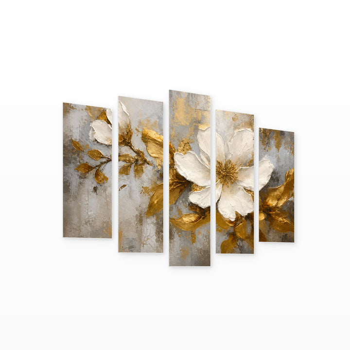 Flower in White and Gold in Serene Light — five-panel wall art on white background in perspective | 5wallart 56710 M1