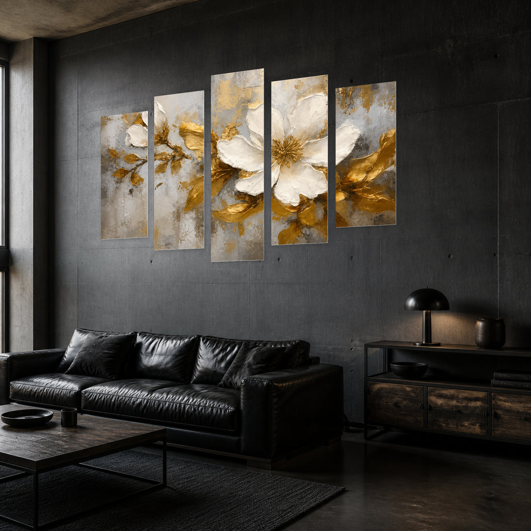 Flower in White and Gold in Serene Light — five-panel wall art in perspective interior | 5wallart 56710 M2