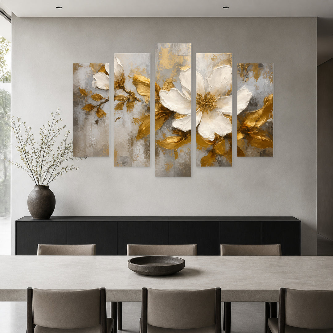 Flower in White and Gold in Serene Light — five-panel wall art in frontal interior | 5wallart 56710 M3