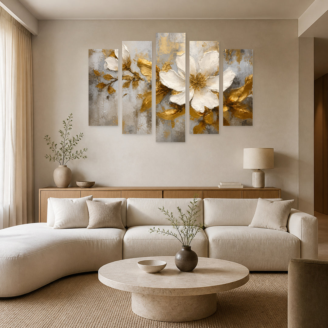 Flower in White and Gold in Serene Light — five-panel wall art in alternate frontal interior | 5wallart 56710 M4