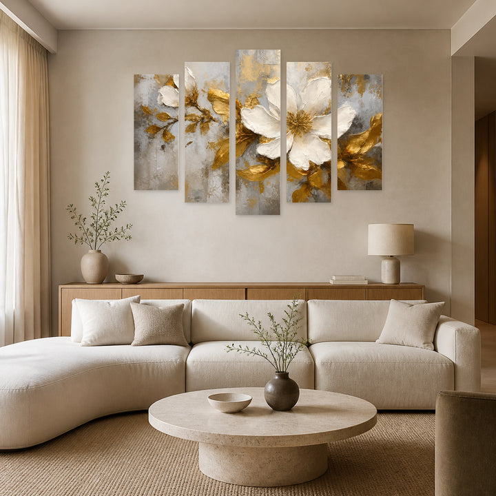 Flower in White and Gold in Serene Light — five-panel wall art in alternate frontal interior | 5wallart 56710 M4