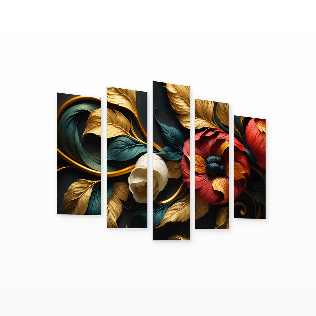 Floral Design in Renaissance Style in Serene Light — five-panel wall art on white background in perspective | 5wallart 56714 M1