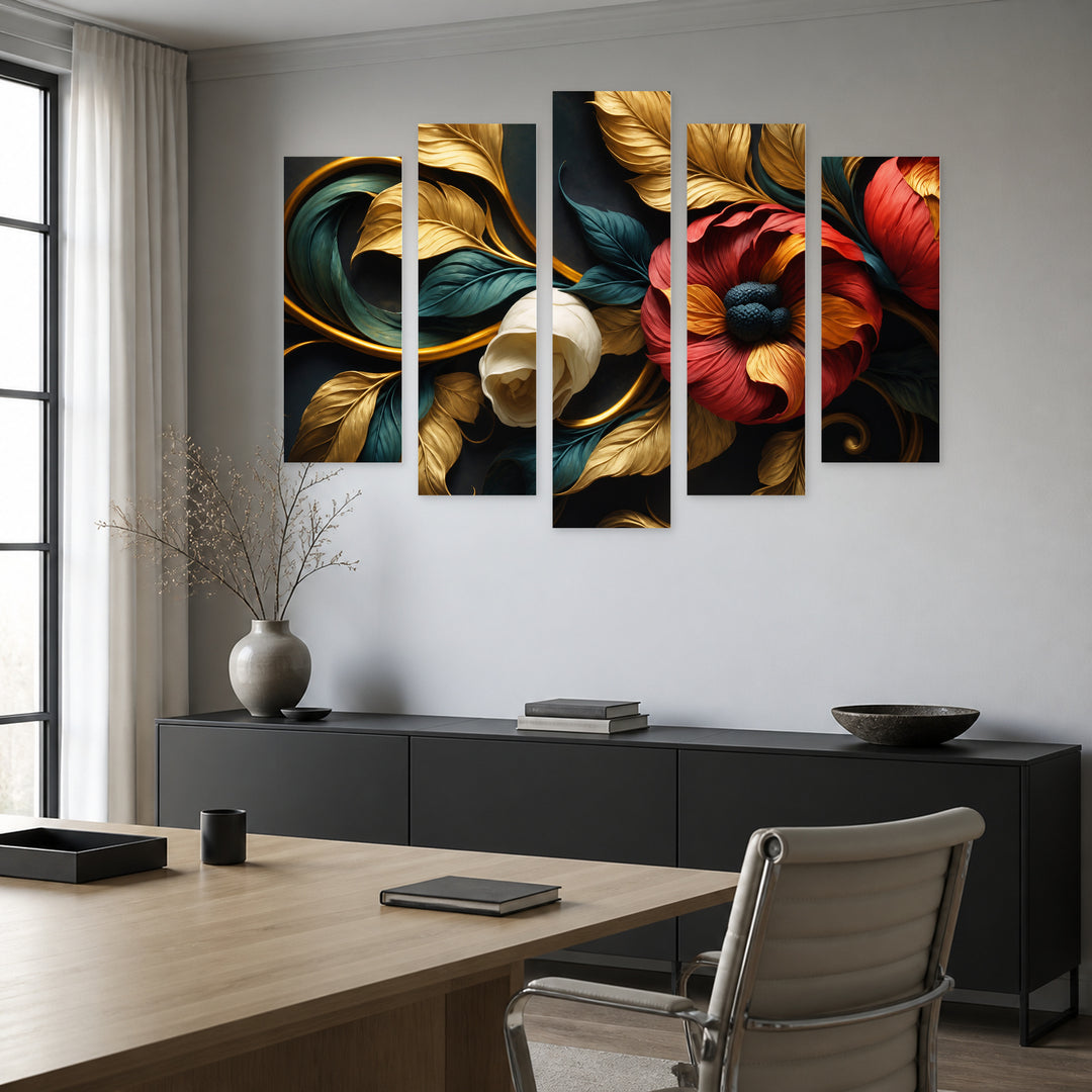 Floral Design in Renaissance Style in Serene Light — five-panel wall art in frontal interior | 5wallart 56714 M3