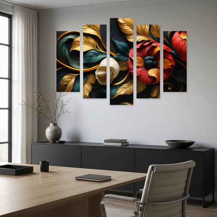 Floral Design in Renaissance Style in Serene Light — five-panel wall art in frontal interior | 5wallart 56714 M3