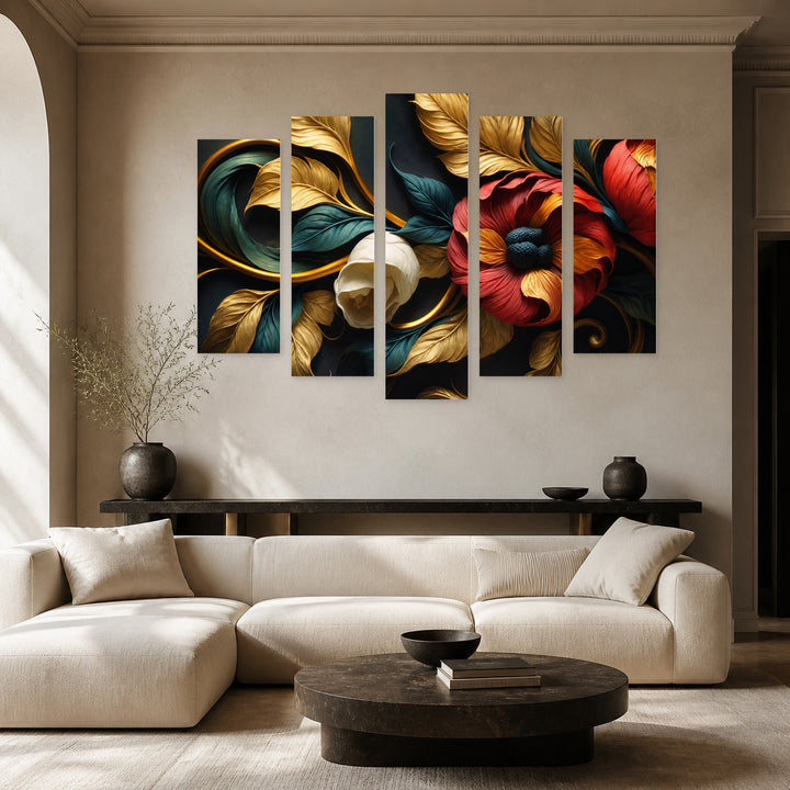 Floral Design in Renaissance Style in Serene Light — five-panel wall art in alternate frontal interior | 5wallart 56714 M4