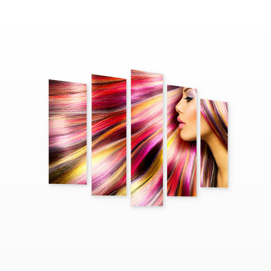 Woman with Colorful Hair with Dreamlike Atmosphere — five-panel wall art on white background in perspective | 5wallart 56729 M1