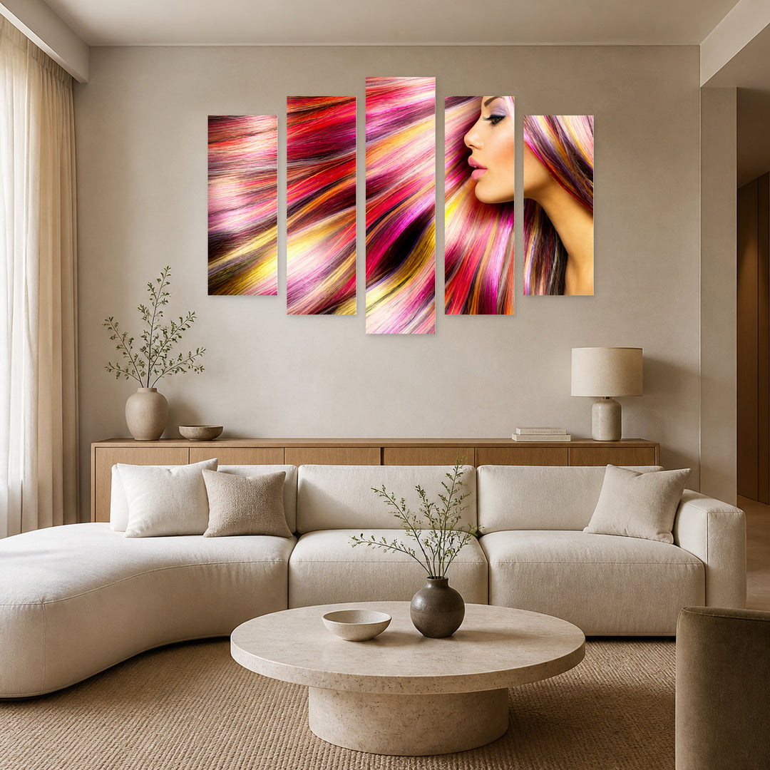 Woman with Colorful Hair with Dreamlike Atmosphere — five-panel wall art in frontal interior | 5wallart 56729 M3