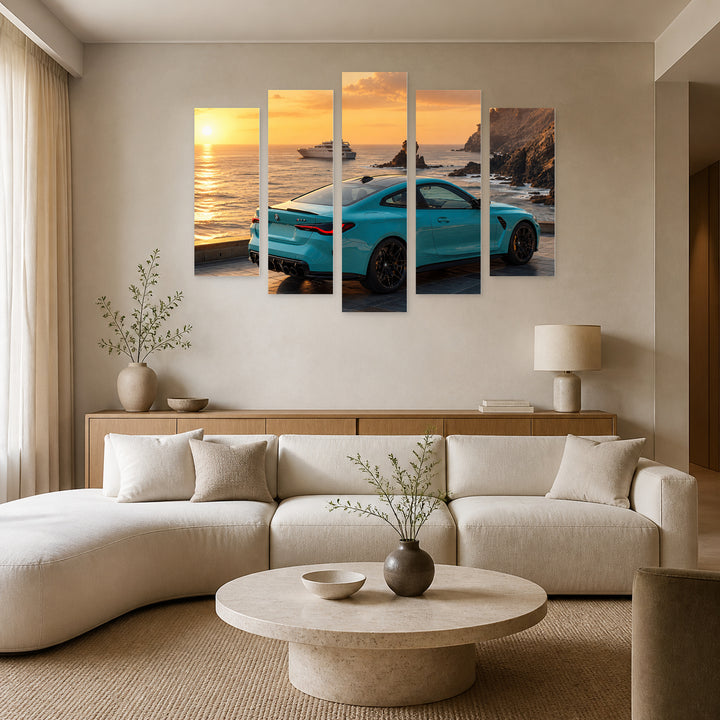 Chasing the Horizon at Golden Sunset — five-panel wall art in frontal interior | 5wallart 56737 M3