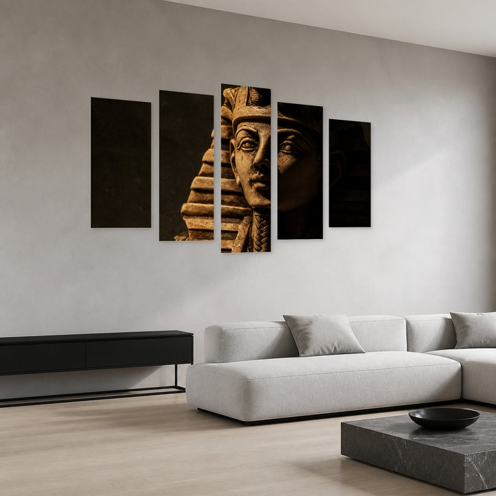 Stone Mask of Pharaoh Tutankhamun in Serene Light — five-panel wall art in perspective interior | 5wallart 56738 M2