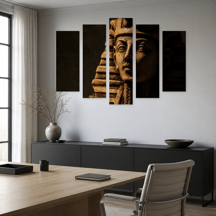 Stone Mask of Pharaoh Tutankhamun in Serene Light — five-panel wall art in frontal interior | 5wallart 56738 M3