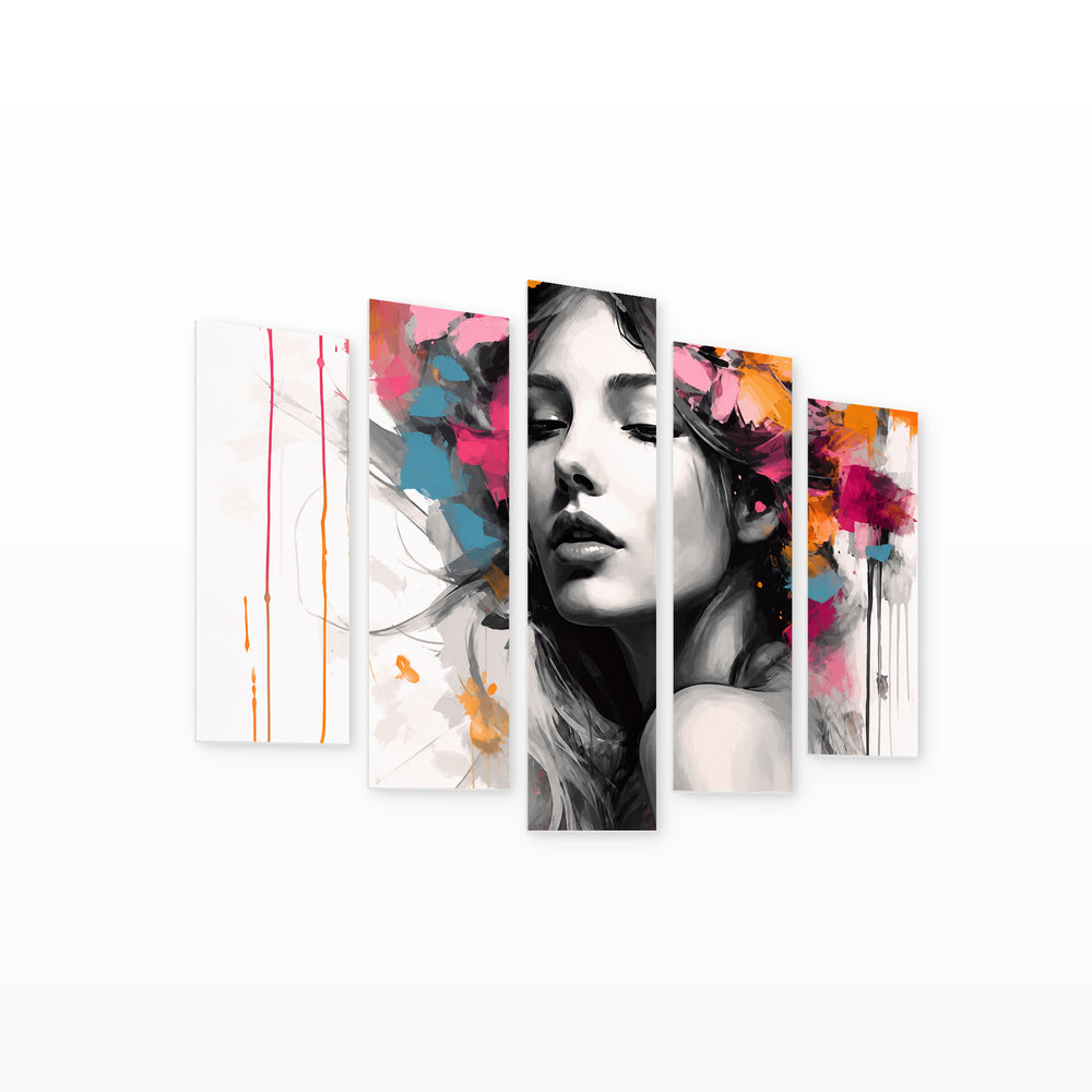 Abstract Portrait of a Woman in Black — five-panel wall art on white background in perspective | 5wallart 56742 M1