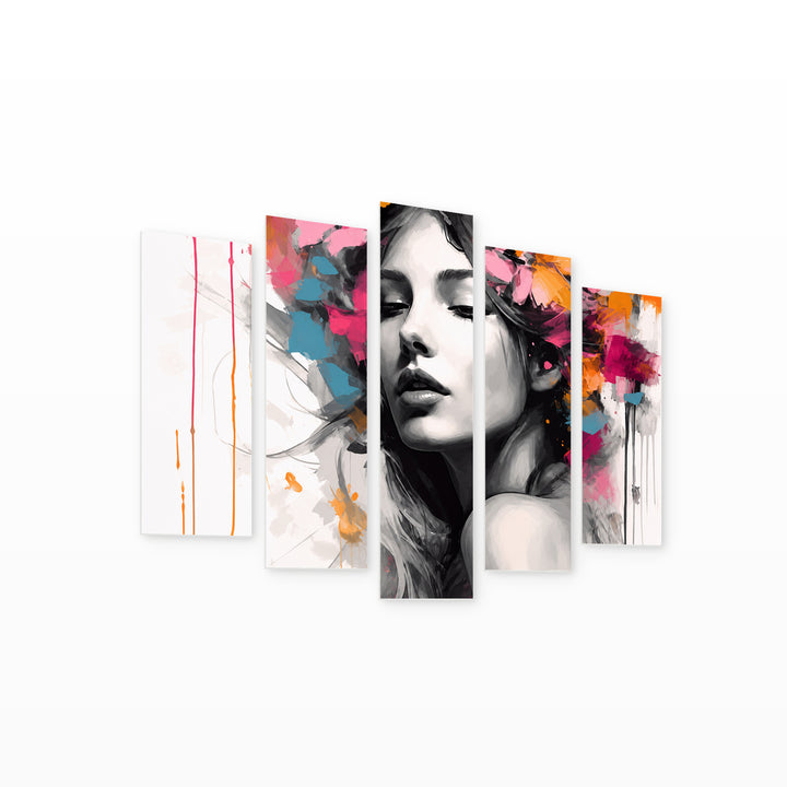 Abstract Portrait of a Woman in Black — five-panel wall art on white background in perspective | 5wallart 56742 M1