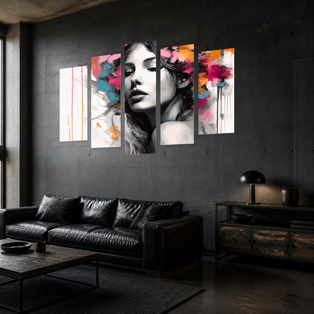 Abstract Portrait of a Woman in Black — five-panel wall art in perspective interior | 5wallart 56742 M2