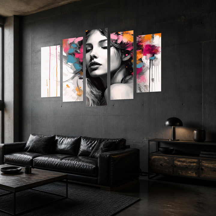 Abstract Portrait of a Woman in Black — five-panel wall art in perspective interior | 5wallart 56742 M2