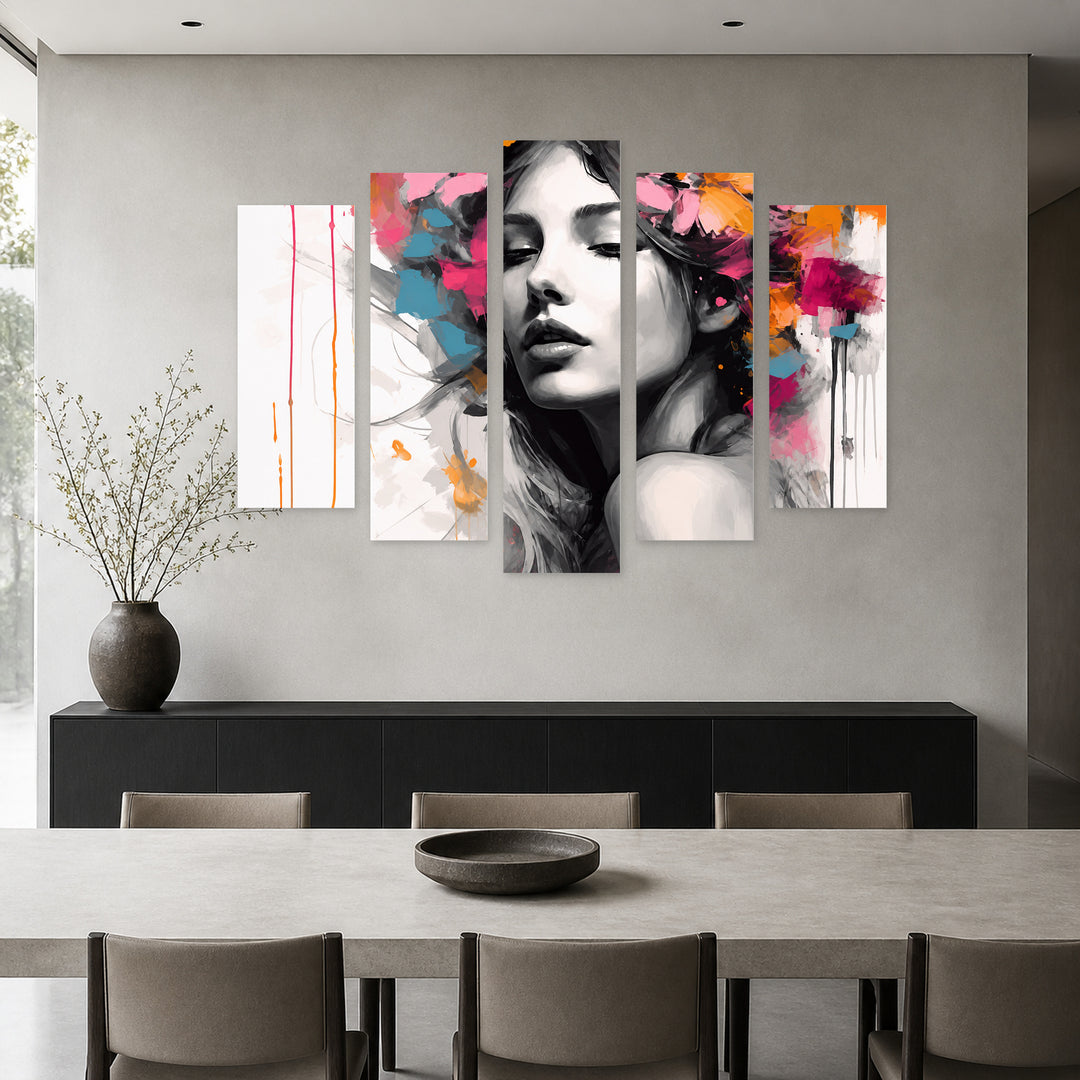 Abstract Portrait of a Woman in Black — five-panel wall art in frontal interior | 5wallart 56742 M3