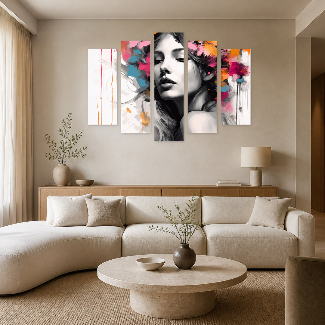 Abstract Portrait of a Woman in Black — five-panel wall art in alternate frontal interior | 5wallart 56742 M4