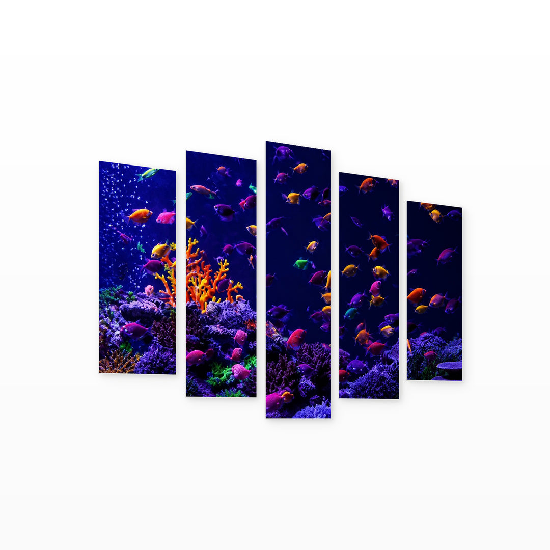 Underwater Garden with Geometric Rhythm — five-panel wall art on white background in perspective | 5wallart 56743 M1