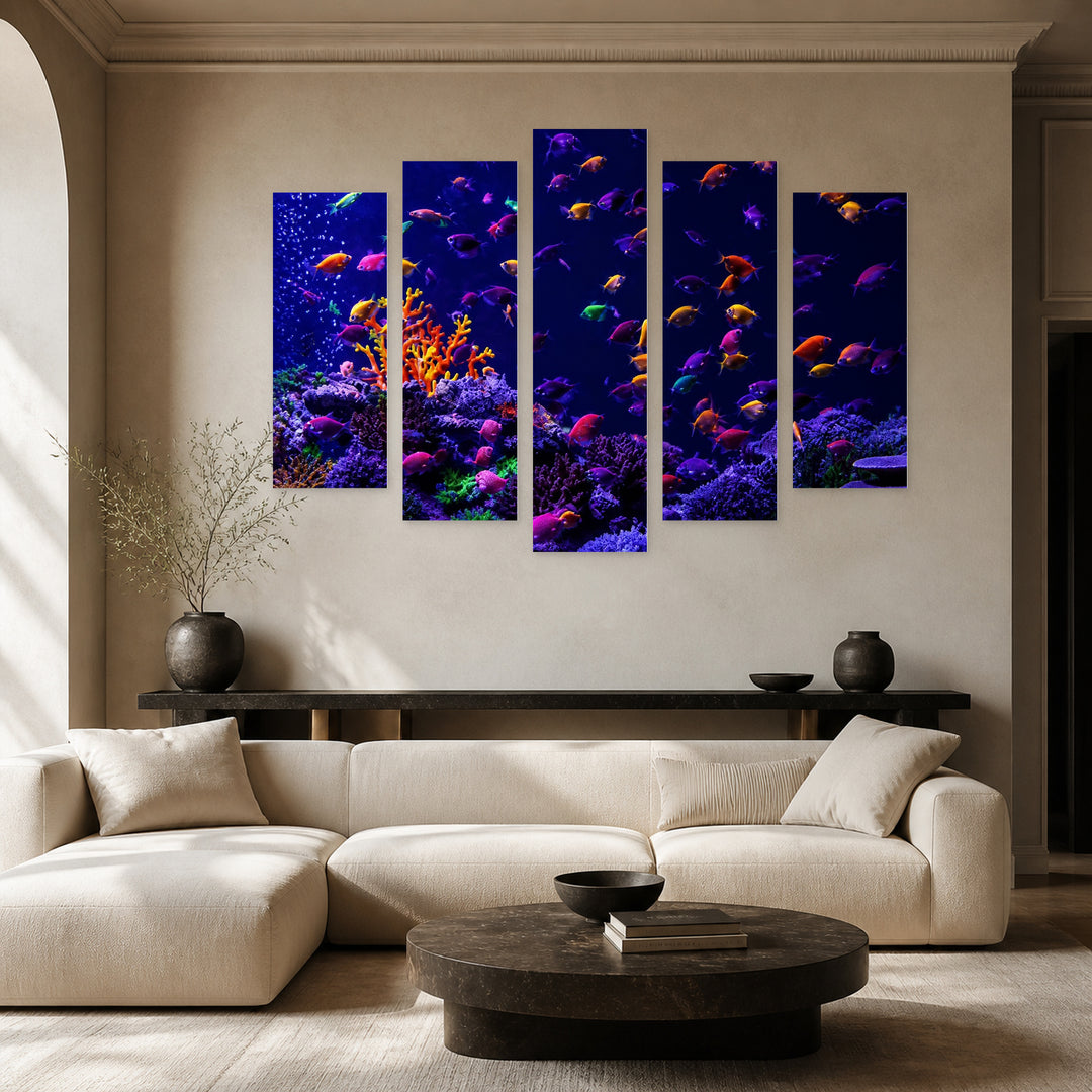 Underwater Garden with Geometric Rhythm — five-panel wall art in frontal interior | 5wallart 56743 M3