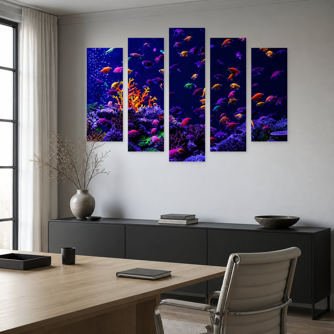 Underwater Garden with Geometric Rhythm — five-panel wall art in alternate frontal interior | 5wallart 56743 M4