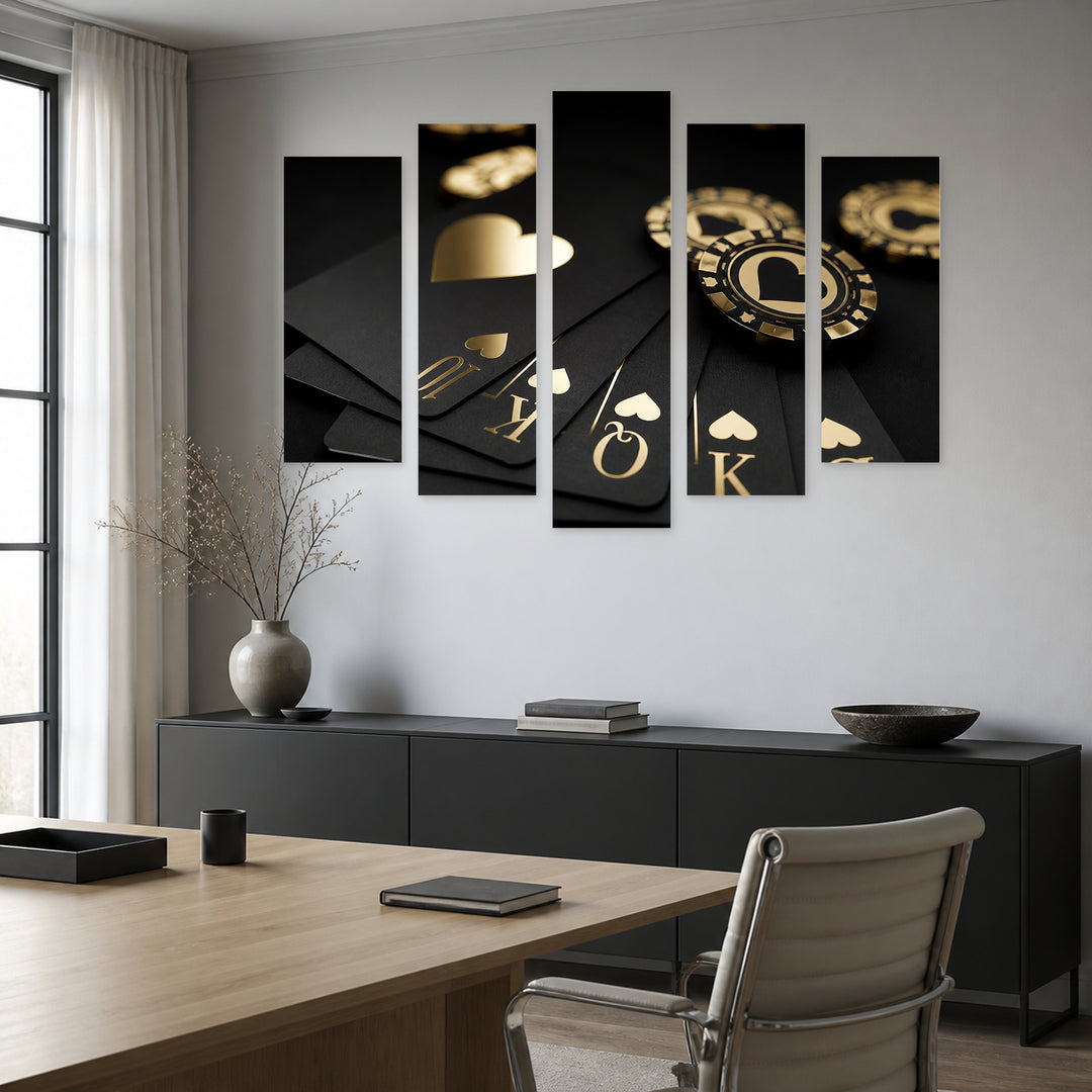 Royal Flush Poker Cards and Chips Contemporary Study — five-panel wall art in frontal interior | 5wallart 56744 M3