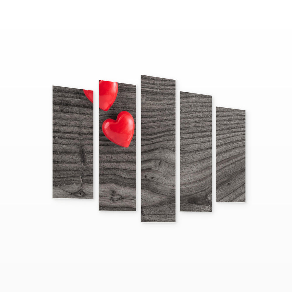 Red Hearts with Geometric Rhythm — five-panel wall art on white background in perspective | 5wallart 56747 M1