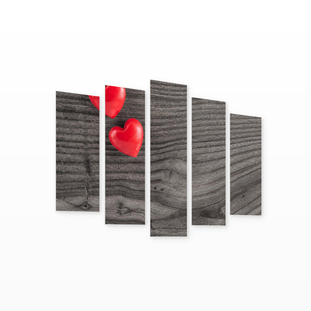 Red Hearts with Geometric Rhythm — five-panel wall art on white background in perspective | 5wallart 56747 M1