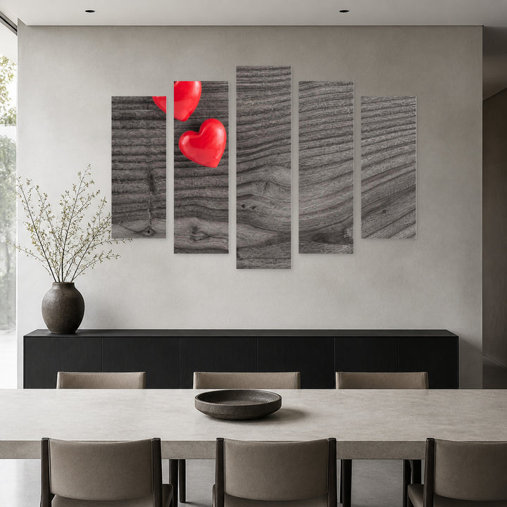 Red Hearts with Geometric Rhythm — five-panel wall art in alternate frontal interior | 5wallart 56747 M4