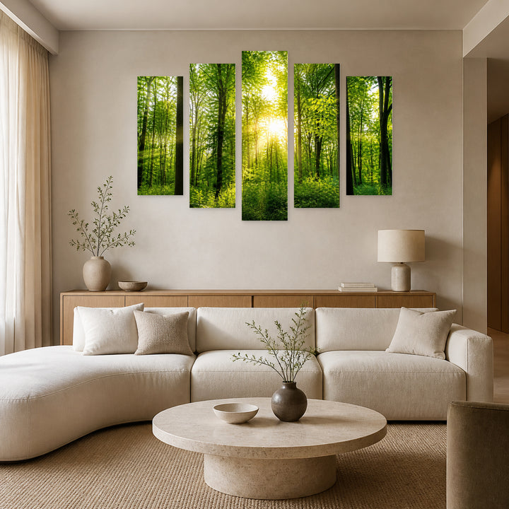 Forest Panorama with Sun Rays in Serene Light — five-panel wall art in frontal interior | 5wallart 56887 M3