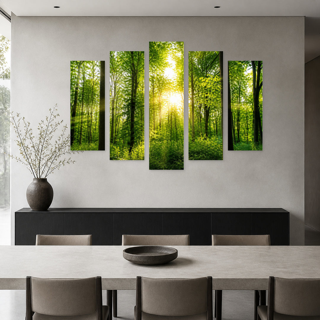 Forest Panorama with Sun Rays in Serene Light — five-panel wall art in alternate frontal interior | 5wallart 56887 M4