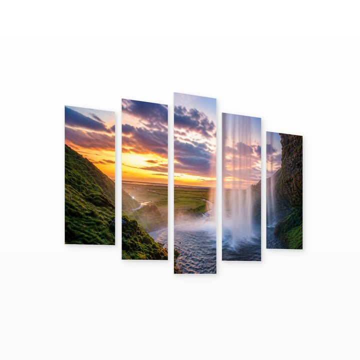Sunset Waterfall in Serene Light — five-panel wall art on white background in perspective | 5wallart 56888 M1