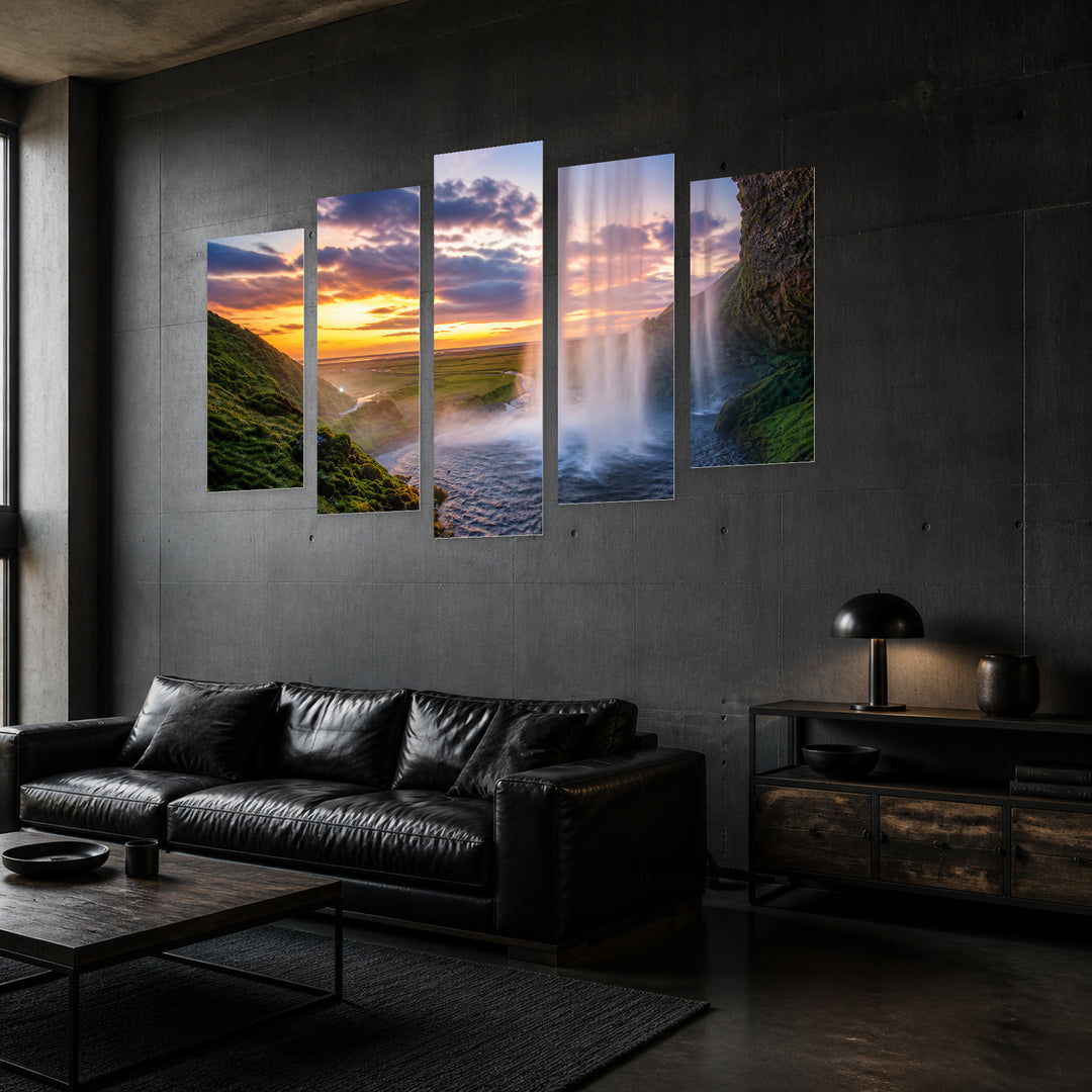 Sunset Waterfall in Serene Light — five-panel wall art in perspective interior | 5wallart 56888 M2