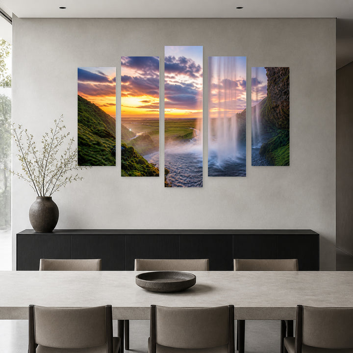 Sunset Waterfall in Serene Light — five-panel wall art in frontal interior | 5wallart 56888 M3