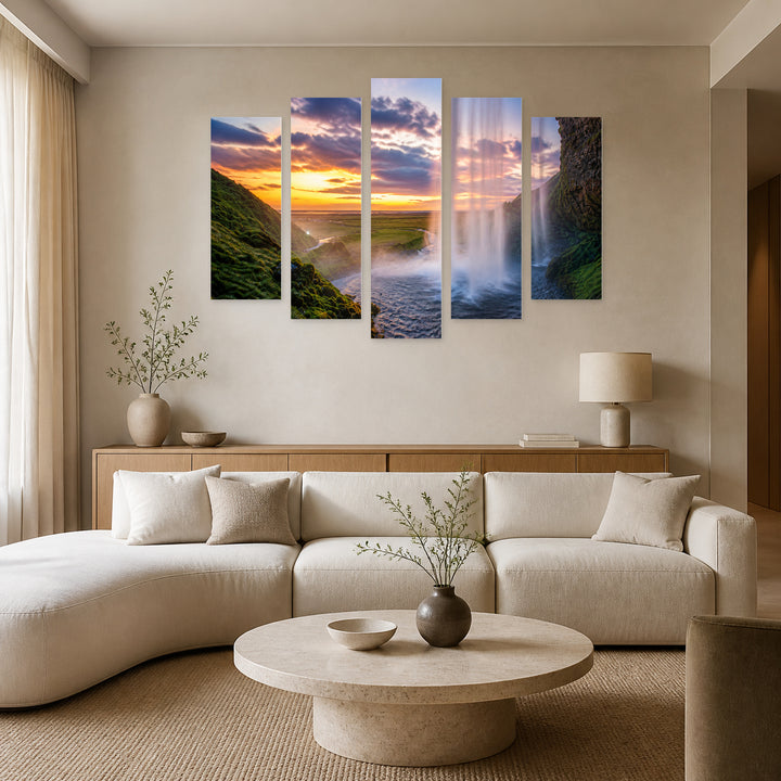Sunset Waterfall in Serene Light — five-panel wall art in alternate frontal interior | 5wallart 56888 M4