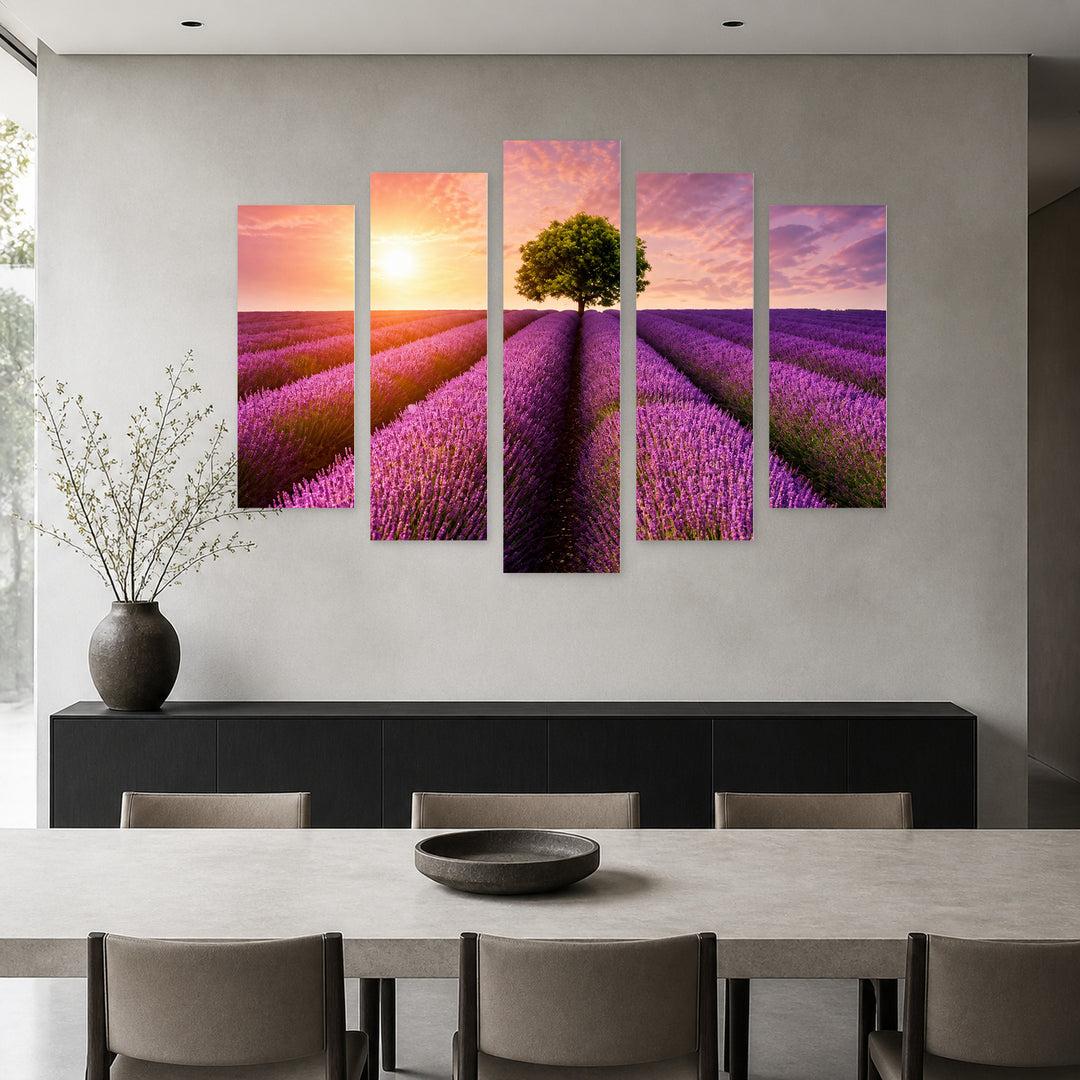 Stunning Lavender Landscape with Dreamlike Atmosphere — five-panel wall art in alternate frontal interior | 5wallart 56889 M4