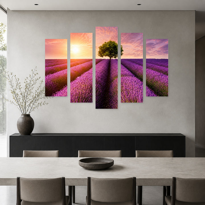 Stunning Lavender Landscape with Dreamlike Atmosphere — five-panel wall art in alternate frontal interior | 5wallart 56889 M4