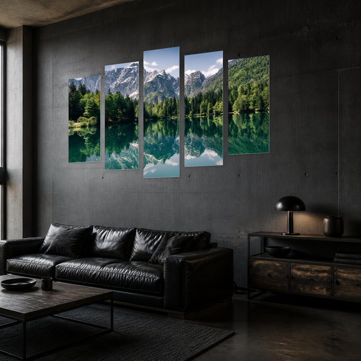 Mountain Range in Serene Light — five-panel wall art in perspective interior | 5wallart 56890 M2