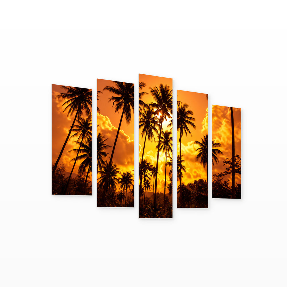 Golden Palms at Tropical Sunset — five-panel wall art on white background in perspective | 5wallart 56891 M1