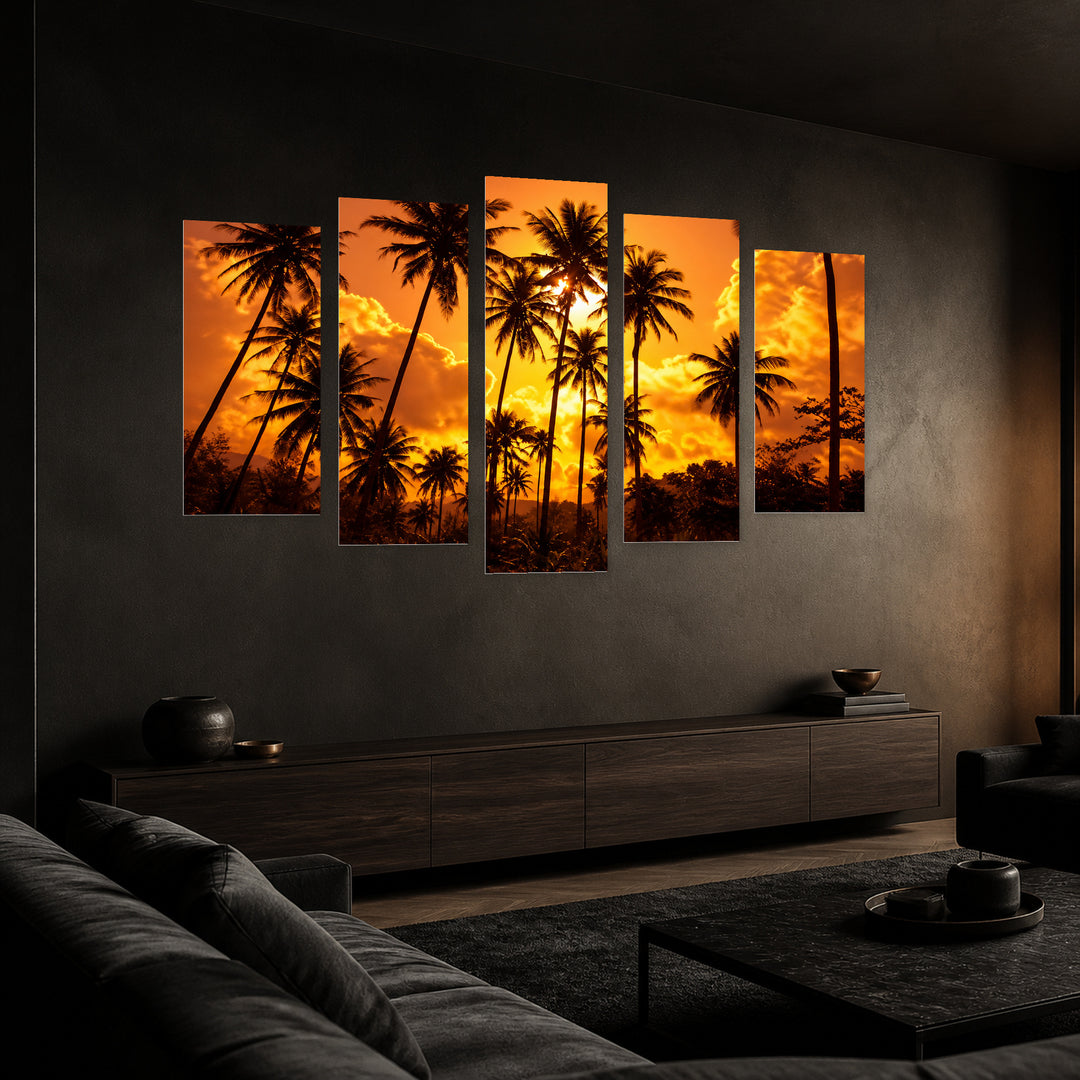 Golden Palms at Tropical Sunset — five-panel wall art in perspective interior | 5wallart 56891 M2